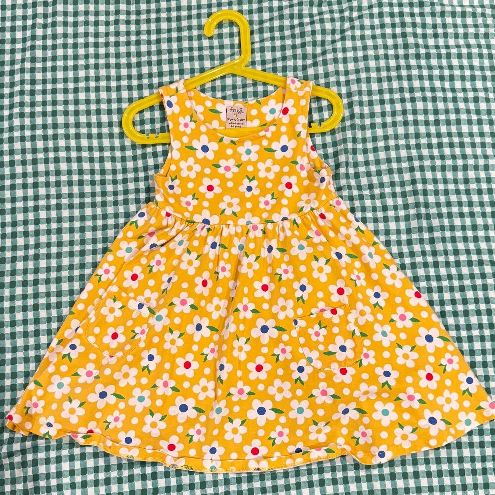 Frugi Girl's Yellow Daisy Flower Dress. 100% Organic Cotton, 4-5 years old